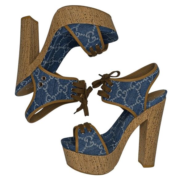 Gucci Double GG Logo Canvas Platform Sandal EU 38 US 8 Blue Slingback High Heel - Picture 8 of 12